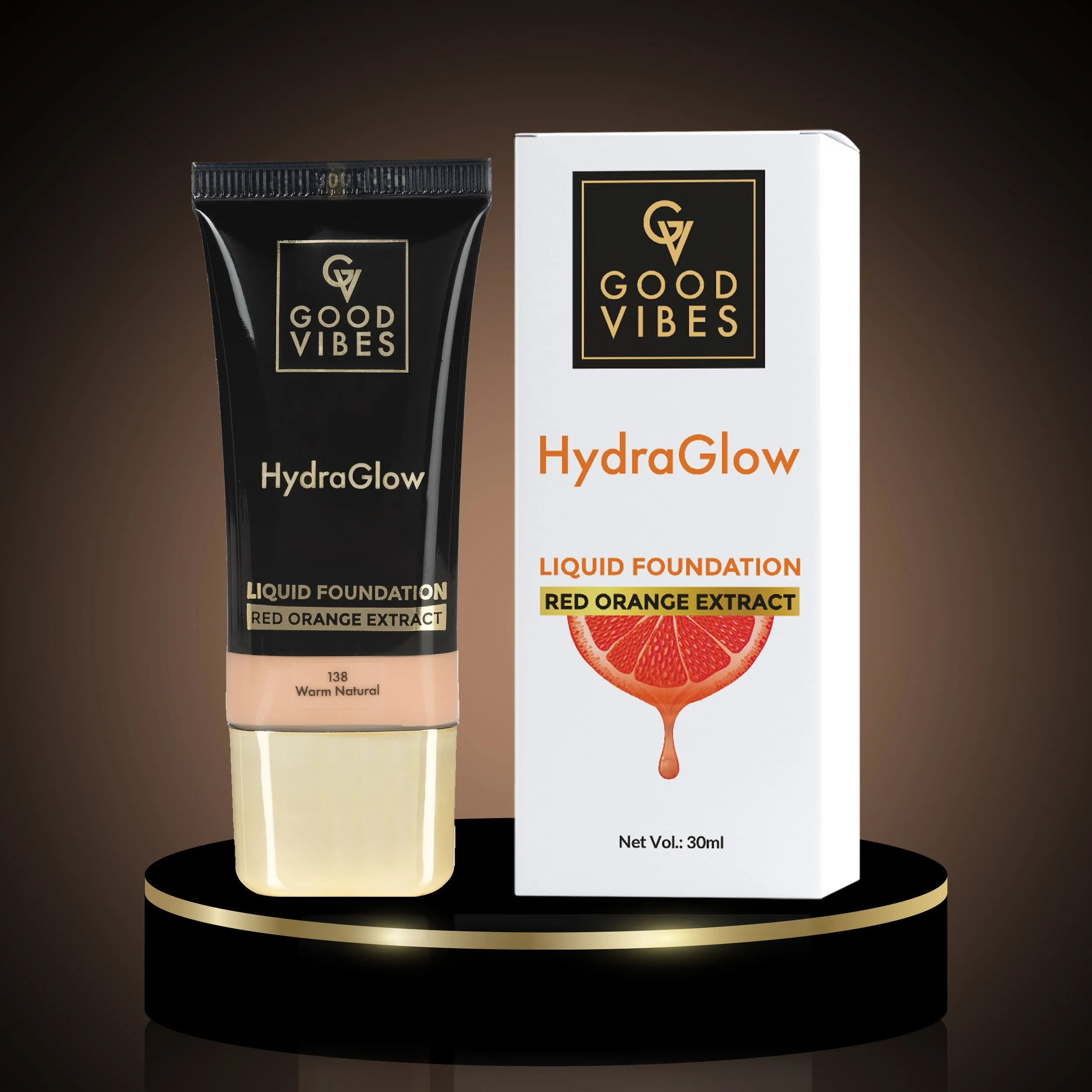 Good Vibes HydraGlow Liquid Foundation with Red Orange Extract - 138 Warm Natural | 8  Hours Hydration | Natural to Buildable Coverage | Lightweight Comfort | Silky Smooth Finish (30ml)