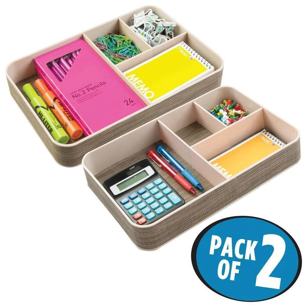 mDesign Plastic Divided Drawer Organizer for Home Office, Desk Drawer, Shelf, Closet - Holds Highlighters, Pens, Scissors, Adhesive Tape, Paper Clips, Note Pads - 4 Sections, 2 Pack - Pearl Champagne